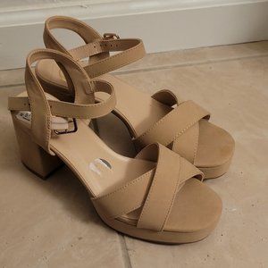 Beige strappy block heel sandals